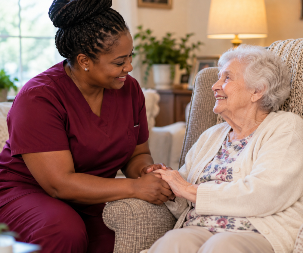 A caregiver in burgundy scrubs holding an older woman’s hands as they smile together at home