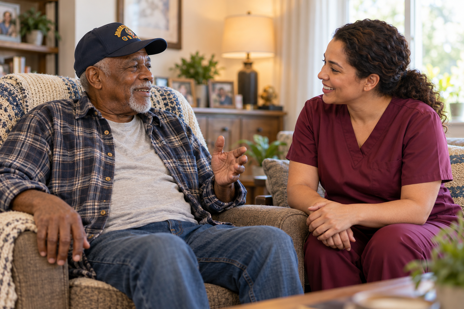An older veteran and caregiver sharing a warm, supportive moment at home